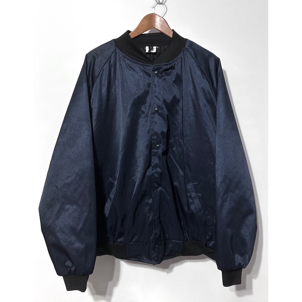 VTG 80s Mens 4XL Satin Bomber Jacket Blue Quilted Lined Workwear Union Made USA